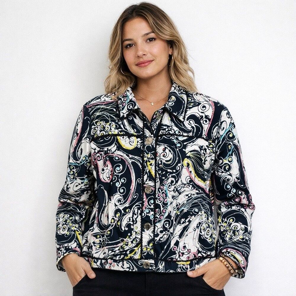 Vintage Abstract Print Jacket Womens Large Artsy Retro Statement Button Front